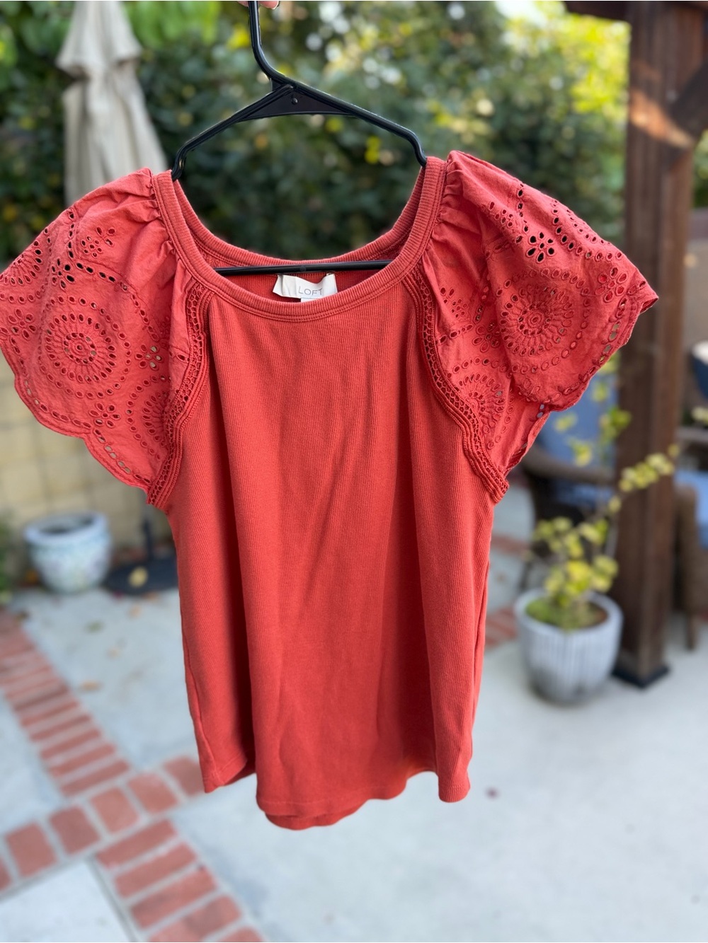 LOFT Rust Eyelet Flutter Sleeve Top small